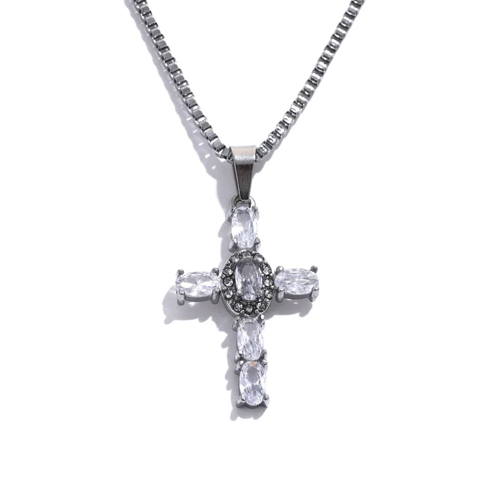 Yhpup delicado colorido bling zircônia cúbica cruz pingente de aço inoxidável colar de luxo de alta qualidade moda brilhante jóias presente