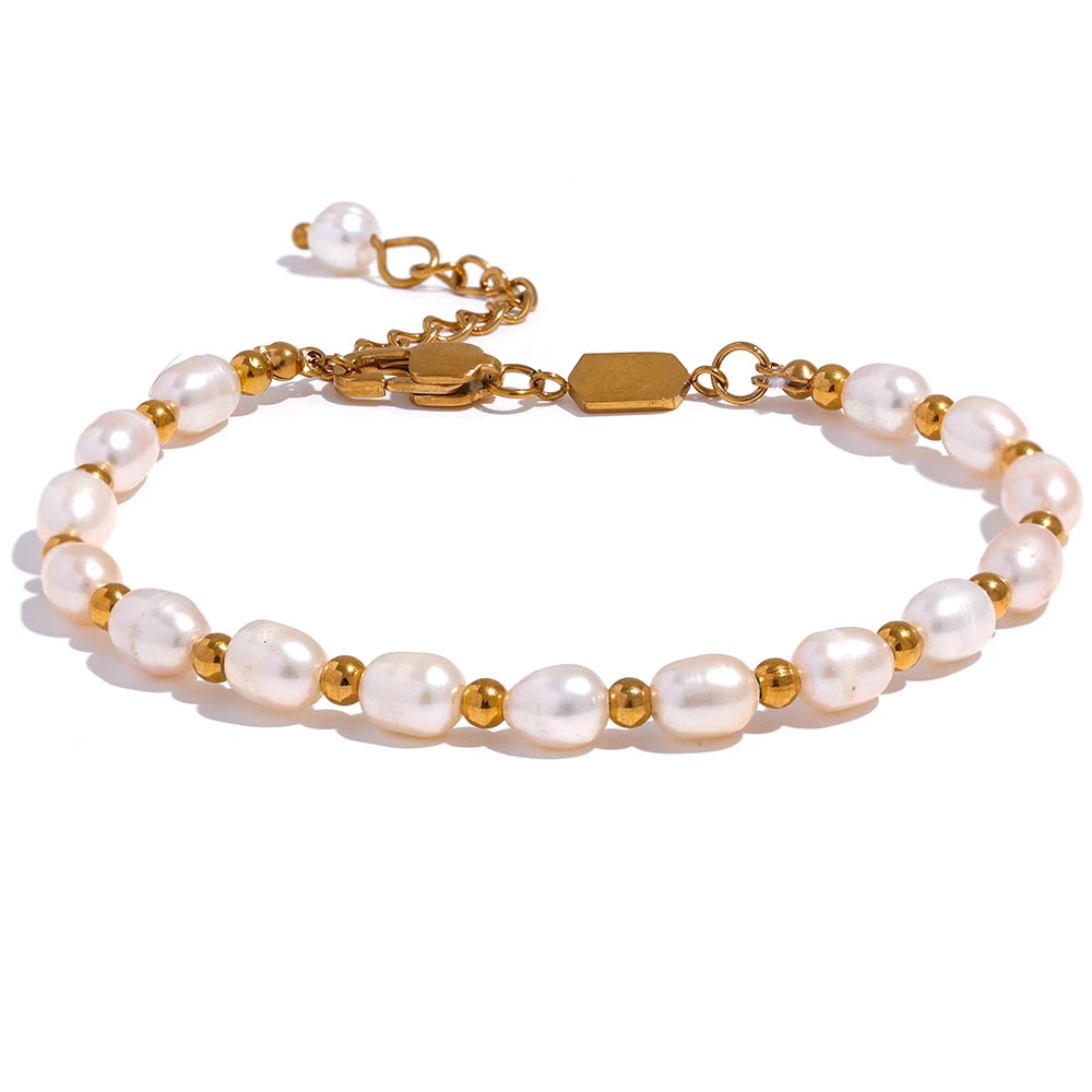 Yhpup pérolas naturais de água doce moda artesanal pulseira feminina à prova dwaterproof água pvd encantos contas de aço inoxidável jóias presente