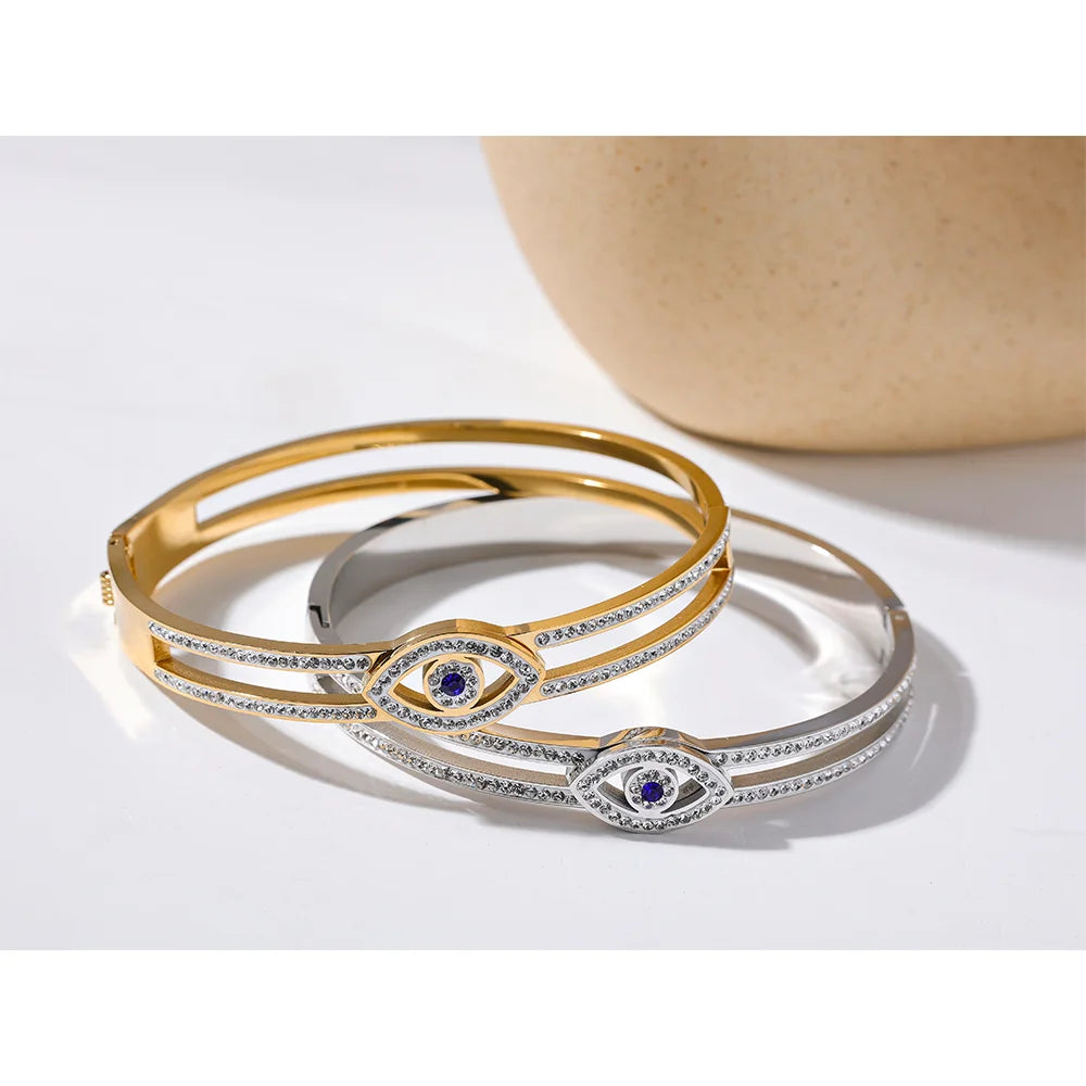 Yhpup 60mm zircônia cúbica olho aço inoxidável moda pulseira 18k banhado a ouro declaração turquia na moda charme jóias presente