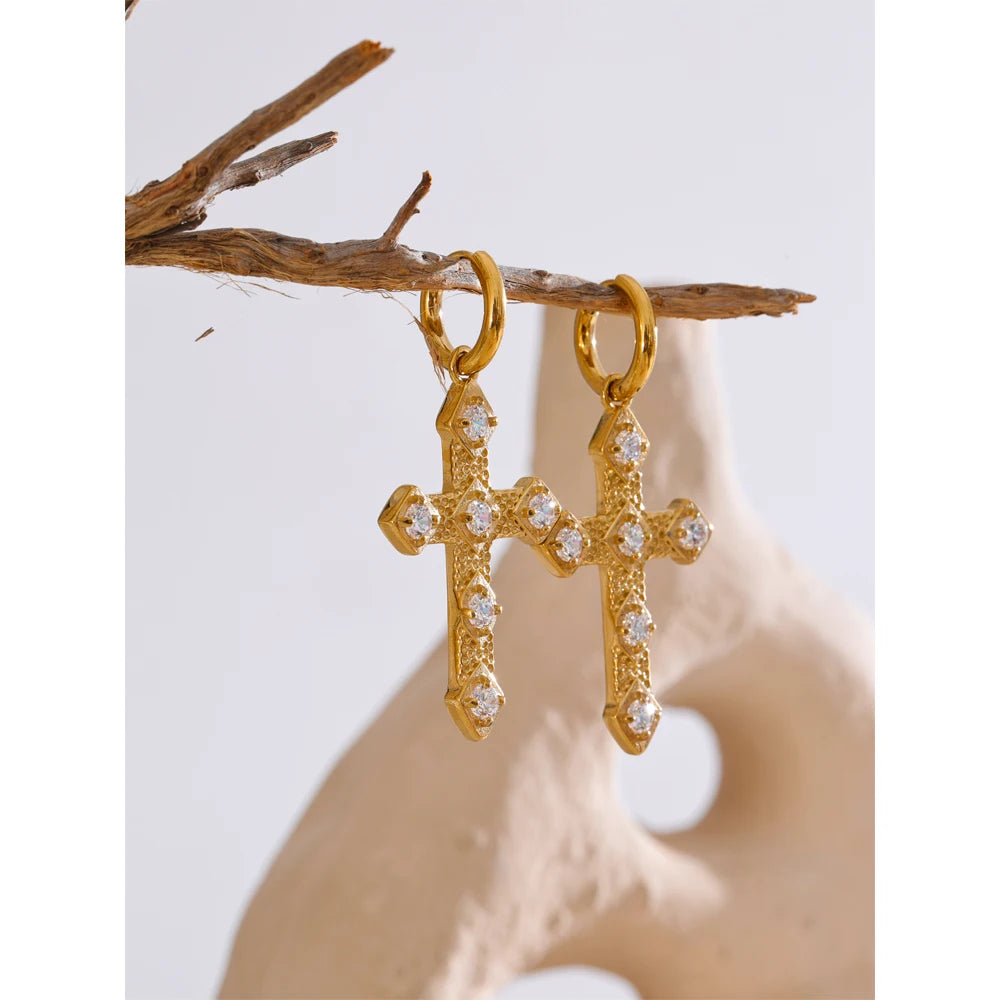 Yhpup tendência bling zircônia cúbica clássico cruz gota brincos de argola 18k cor ouro pvd banhado a aço inoxidável jóias requintadas